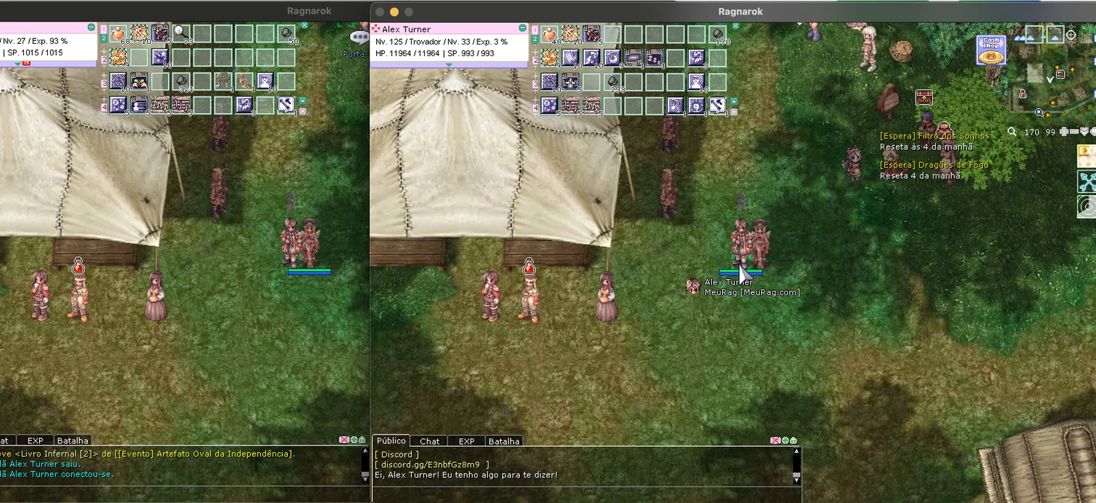 Dois clientes do Ragnarok Online Latam abertos lado a lado em janelas do macOS, com o personagem Alex Turner, da guilda MeuRag, na janela da direita