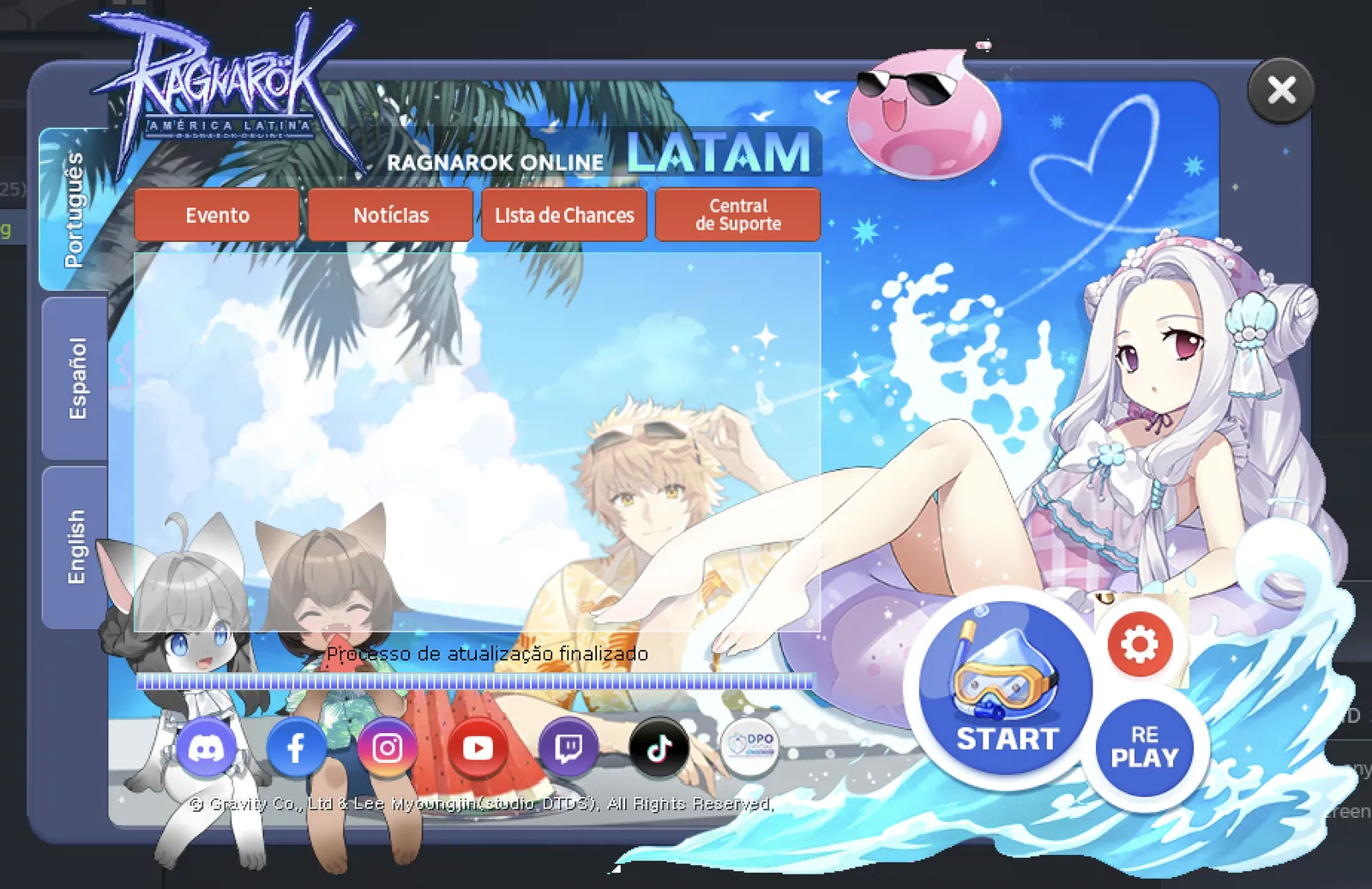 Launcher do Ragnarok Online Latam no Mac com a mensagem Processo de atualização finalizado e o botão START