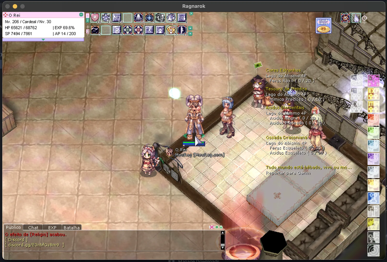 Ragnarok Online Latam rodando numa janela do macOS, com o personagem O Rei, da guilda MeuRag, dentro de uma construção do jogo e com a lista de missões à direita