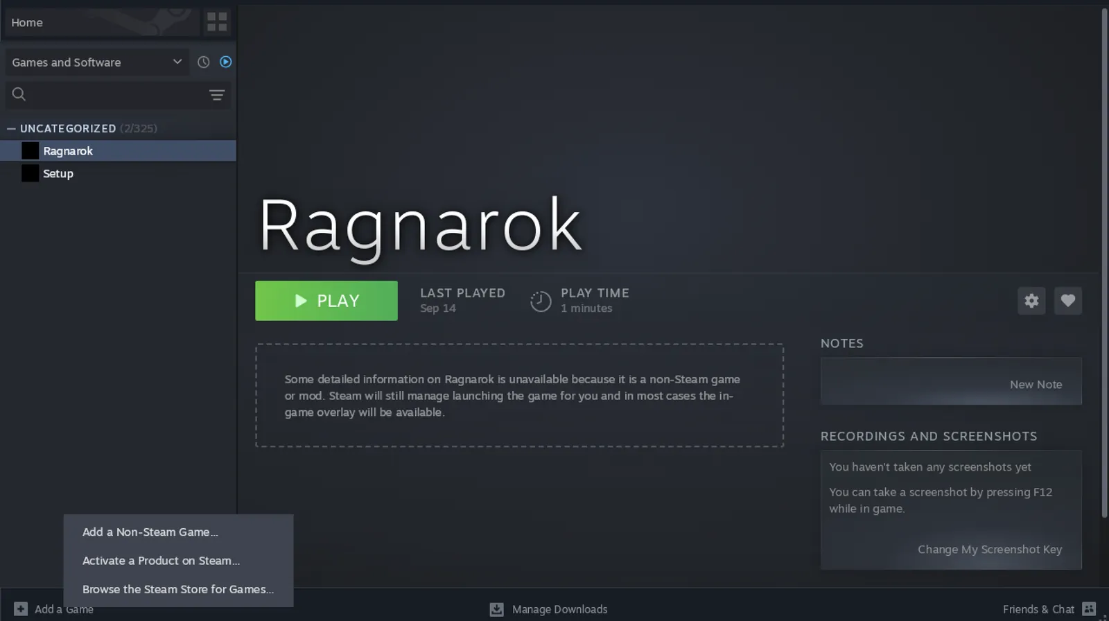 Steam em inglês aberta dentro do CrossOver no Mac, com o menu Add a Game mostrando a opção Add a Non-Steam Game e o Ragnarok já na biblioteca